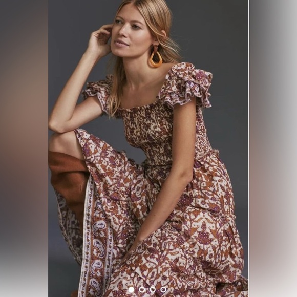 Anthropologie Love The Label Smocked Bust Tiered Bouquet Maxi Dress Size Large - Picture 1 of 12